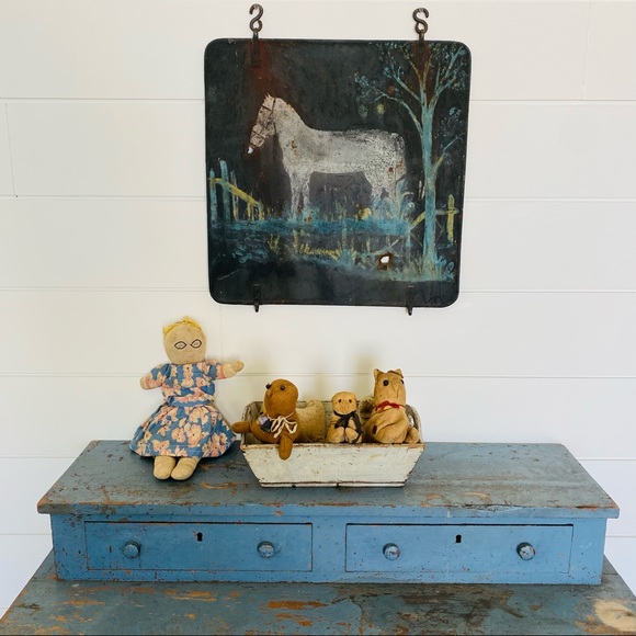 ♥️ Antique ♥️ Old Red Pink - Blue Stitched Face Rag Doll - Picture 2 of 13